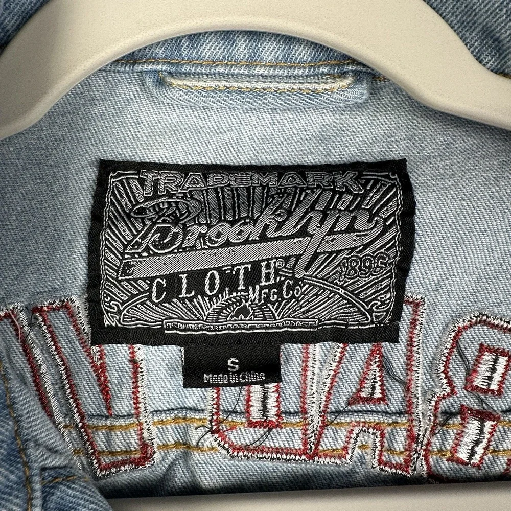 Brooklyn Cloth Denim Jacket‎ Unisex S Graffiti NO BAD VIBES Rose Embroidered